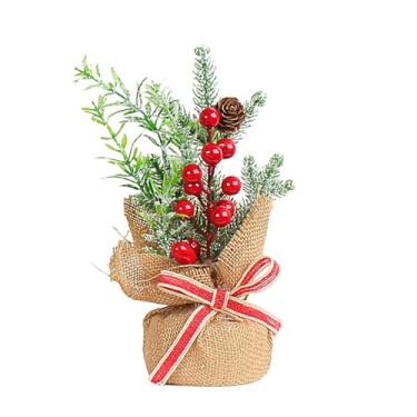 Imagem de Árvore de Natal de mesa,Árvore de Natal pequena - Pequena árvore de natal com agulhas de pinheiro e frutas vermelhas | Decoração estética de árvore de Natal para lembrancinha de feriado para mesa