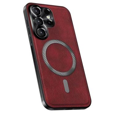 Imagem de POYUFRG Capa magnética para Samsung Galaxy S26 Ultra/S26 Plus/S26, capa fina de couro para negócios, capa de proteção de lente de metal com tudo incluído, vermelha, S26 Ultra