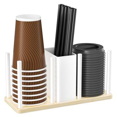 Imagem de XILIMEN Suporte de copo de café e tampa com organizador de palha, suporte removível de xícara de café para balcão de bar, sala de descanso, branco