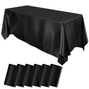 Imagem de MCEAST Pacote com 6 toalhas de mesa de cetim 260 x 137 cm, retangular, sobreposição, toalha de mesa de seda brilhante, decoração de mesa de tecido liso para decoração de banquete de casamento (preto)