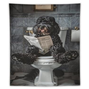 Imagem de Tapeçaria de jornal de leitura de poodle preto e branco cena de banheiro humorístico arte animal pendurar na parede decoração de casa caprichosa para banheiro, sala de estar, ambiente lúdico