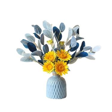 Imagem de CZCZC Flores artificiais, flores artificiais, flores artificiais com vaso de cerâmica, flores de seda de hortênsia azul para decoração, decorações de festa de casamento