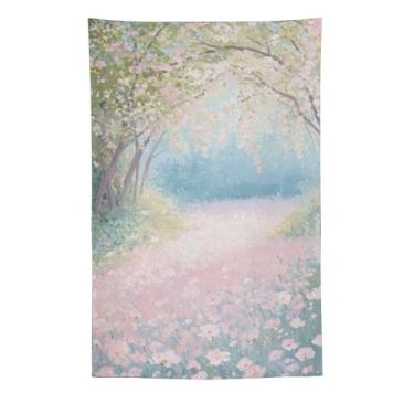 Imagem de Tapeçaria de caminho floral rosa primavera, pintura a óleo exuberante prado de árvore para parede, decoração de jardim sazonal suave para sala de estar, quarto, decoração de arte delicada da natureza