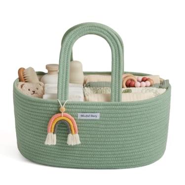 Imagem de Blissful Diary Organizador de fraldas para bebês, cesta de fraldas de corda de algodão, cesta oval de armazenamento, presente para chá de bebê, itens essenciais para recém-nascidos, verde
