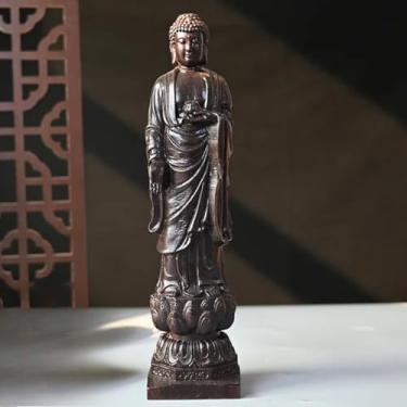 Imagem de FENNYYAR Estatueta de escultura em madeira, estátua de Buda budista, 22 cm, artesanato de adoração de templo, ornamentos de decoração de sala de estar