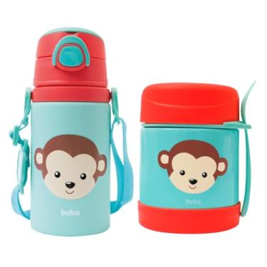 Imagem de Kit Sufe Pote com Talher + Garrafa Térmica Macaco Azul, Verde, Rosa Isolado Termicamente 2 Contagem Caixa