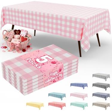 Imagem de misaya Pacote com 5 toalhas de mesa descartáveis de búfalo, 137 x 272 cm, toalha de mesa de plástico impermeável retangular branca e rosa para piquenique, aniversário, festa
