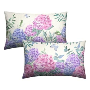 Imagem de Kwlegh Capas de almofada lombar de hortênsia rosa flores primavera ao ar livre 12x20 conjunto de 2 fronhas roxas rosa hortênsia eucalipto capa de almofada de algodão linho para sofá jardim pátio