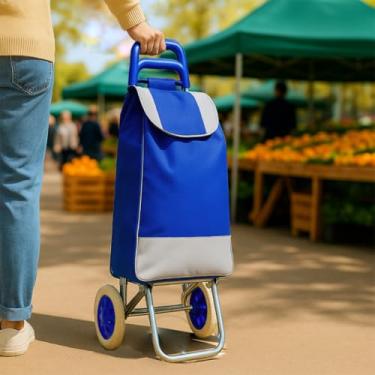 Imagem de Carrinho de Compras Feira Mercado Dobrável 30 kg Grande Dobrável Portátil(Azul)