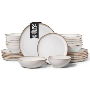 Imagem de Herogo Conjunto de jantar com 24 peças, pratos e tigelas, utensílios de jantar de grés para 6, utensílios de mesa de cerâmica, incluindo pratos de salada, tigelas de sopa, seguro para micro-ondas e
