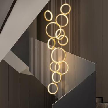 Imagem de Luminária pendente moderna de LED em formato de anel para escada, com controle remoto, em alumínio, com altura ajustável, ideal para sala de estar, quarto, sala de jantar e cozinha (dourada,
