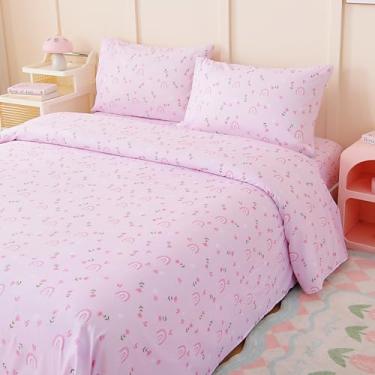 Imagem de MICORAL Jogo de lençol infantil com arco-íris rosa, 4 peças de lençol para meninos e meninas, lençóis de microfibra com estampa macia, conjunto de cama infantil aconchegante com bolso profundo