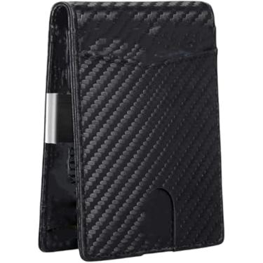 Imagem de Carteira masculina fina de fibra de carbono dobrável com bloqueio de RFID, bolso frontal, suporte fino para cartão de crédito com caixa de presente, Carbono preto, Moderno