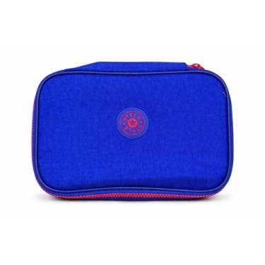 Imagem de Estojo Escolar Box Grande com 2 Compartimentos, 22 Elásticos para Lápis e Canetas, Divisória em Rede com Zíper (Azul/laranja)