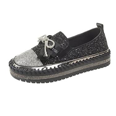 Imagem de SUGURETA Tênis feminino moderno de strass sem cadarço, casual, confortável, plataforma, tênis de caminhada, lindo laço com glitter, loafers brilhantes, B - preto, 38