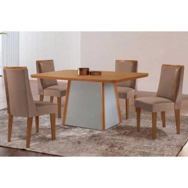 Imagem de Mesa Cozinha Tilia c/ Tampo Madeirado Canto Curvo 120x80cm e 4 Cadeiras Tilia Madeira Maciça Naturale/Off White - Capuccino/Suede Capuccino-Rufato