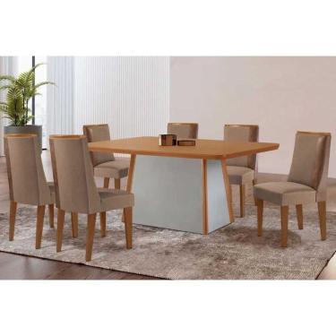 Imagem de Mesa Cozinha Tilia c/ Tampo Madeirado Canto Curvo 180x90cm e 6 Cadeiras Tilia Madeira Maciça Naturale/Off White - Capuccino/Suede Capuccino-Rufato