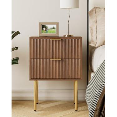 Imagem de Aienvey Mesa de cabeceira, mesa de cabeceira moderna com gavetas, mesa de cabeceira, mesa lateral pequena dourada para quarto, mesa de canto de sala de estar (listras de nogueira, 2 gavetas)