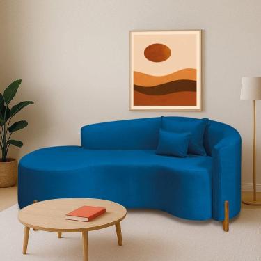 Imagem de Divã Recamier Curvo Sala De Estar Recepção Inglaterra 180cm Pés Madeira Lado Esquerdo Linho Cor Azul Royal