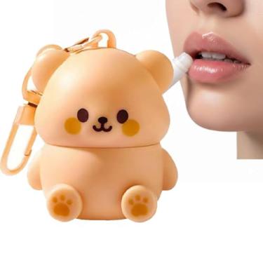 Imagem de Bálsamo labial de ursinho fofo, brilho labial hidratante antirachadura antiseca, ingredientes naturais, batons, produtos para cuidados labiais, sabor frutado, com fivela para pendurar em mochilas