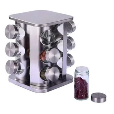Imagem de Porta Temperos Giratório 360° em Inox com 12 Potes de Vidro Quadrados + Etiquetas e Caneta | Organizador Premium de Cozinha
