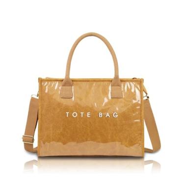 Imagem de Sacola feminina de PVC leve com compartimentos bolsa de ombro para viagem, trabalho, academia (cáqui)