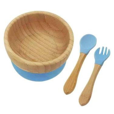 Imagem de Kit Alimentação Bebê Bowl Ventosa Talheres Bambu Silicone