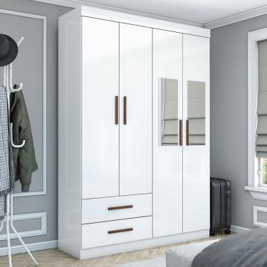 Imagem de Guarda-Roupa Solteiro Solo 4 Portas 2 Gavetas com Espelho Branco - Pnr Móveis