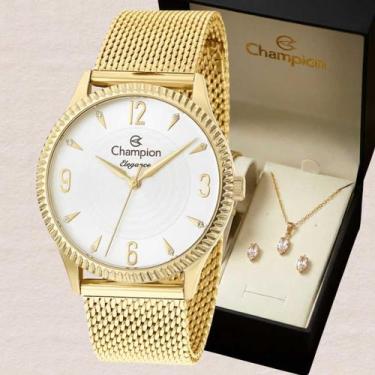 Imagem de Relógio Champion Feminino Analógico Dourado CN26073E + Kit Colar e Bri