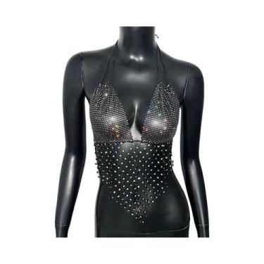 Imagem de Top Cropped Feminino Com Decote Halter, Costas Nuas, Strass, Malha Tra