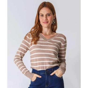 Imagem de Suéter Feminino Listrado Gola V Marisa Bege-52103, Bege escuro, M