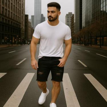 Imagem de Bermuda Jeans SKINNY RASGADA Masculina Casual Slim Preta Azul e Azul C