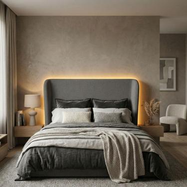 Imagem de Cabeceira Cama Casal Queen Size Livia 160cm Orgânica Curva Bouclê Cinza - Montanari`s Decor