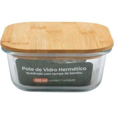 Imagem de Pote de vidro hermético quadrado c/ tampa bambu 520ml - casavita