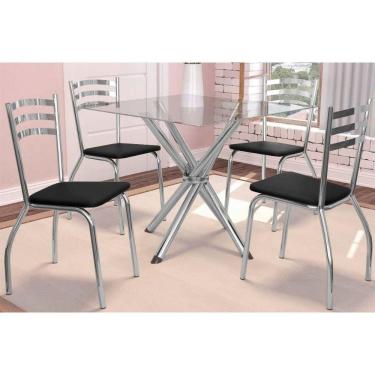 Imagem de Kit Sala de Jantar Volga 4 Lugares Tampo de Vidro com Cadeiras Portugal Cromada Courano Preto 90X90CM Kappesberg
