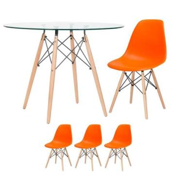 Imagem de Laraz, Mesa redonda Eames com tampo de vidro 100 cm + 3 cadeiras Eiffe