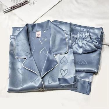 Imagem de Conjunto De Pijama Feminino Verde De Manga Longa Com Renda E Seda Sint
