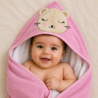 Imagem de Toalha Banho Bebê Com Capuz Forro De Fralda - Hipertextil, Rosa