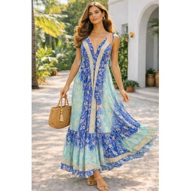 Imagem de Vestido Indiano Boho Seda Premium Detalhe Dourado Costa Nua - Mimos Al