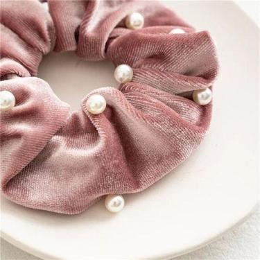 Imagem de Kit 6x Scrunchies Fru Fru Elastico Veludo Detalhe Pérola - sem marca