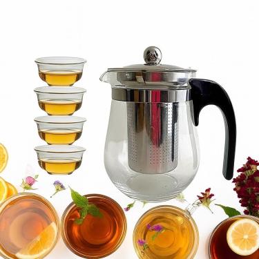 Imagem de Kit para Chá Bule de Vidro 500ML com Infusor Inox Removível e 4 Mini Xícaras Jogo Completo Yeet