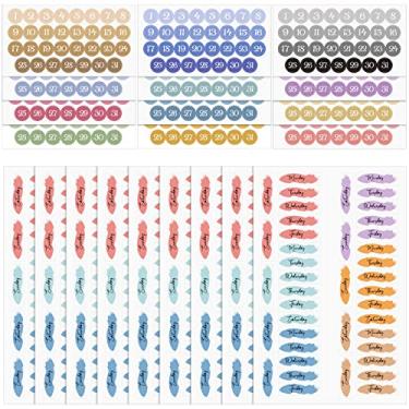 Imagem de Pacote de 21 folhas de adesivos para datas laminadas com pontos de data para planejamento de data e folhas de adesivos para dia da semana Adesivos para agenda de datas em cores arco-íris para viagem (12 meses e 42 semanas)