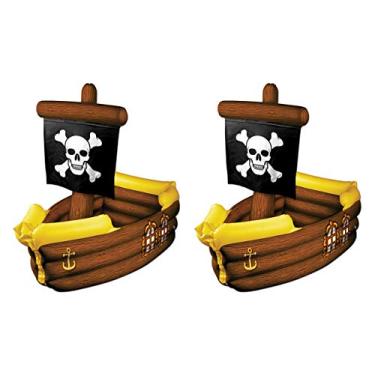 Imagem de Beistle Cooler de plástico inflável de navio pirata novidade 2 peças suporte de bebida para festa, 99 x 83 cm, marrom/amarelo/preto/branco