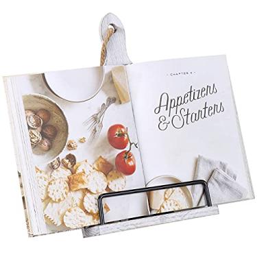 Imagem de Soligt Suporte de livro de receitas para balcão de cozinha, suporte ajustável para livro de receitas, estilo de tábua de corte de madeira rústica - branco
