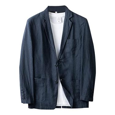 Imagem de Blazer masculino de linho com dois botões, jaqueta esportiva, leve, blazers de cor sólida, Azul marinho, XX-Large