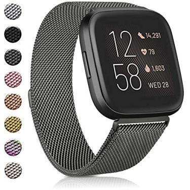 Imagem de Amzpas Pulseiras compatíveis com Fitbit Versa 2/Versa SE/Versa Lite/Versa, pulseira magnética ajustável de malha de aço inoxidável respirável para mulheres e homens (pequena, cinza escuro)