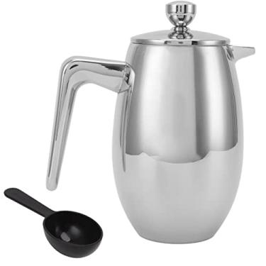 Imagem de prensa de café isolada de aço inoxidável de grau 304 com colher,Máquina de café de prensa francesa, cafeteira de borossilicato engrossada resistente ao calor para acampar viagens(11.8OZ/350ML)