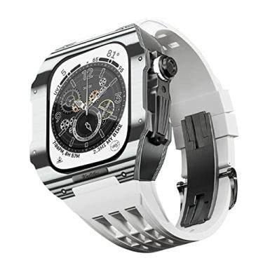 Imagem de CYSUE Pulseira de relógio de borracha com capa de fibra de carbono compatível com Apple Watch Series 8 7 44 45mm, capa de fibra de carbono bumper protetor resistente, kit de atualização