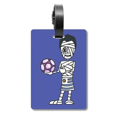 Imagem de Bolsa de viagem Uruguaio com desenho de jogador de futebol e etiqueta para cartão de bagagem
