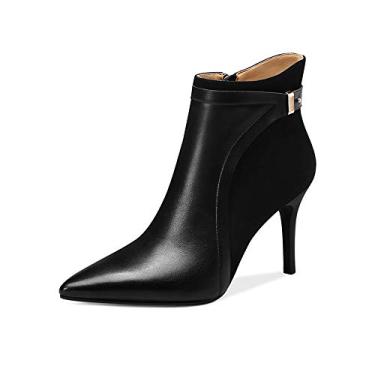 Imagem de TinaCus Bota feminina de couro genuíno bico fino com zíper lateral, feita à mão, sexy, salto alto stiletto, Preto, 8.5